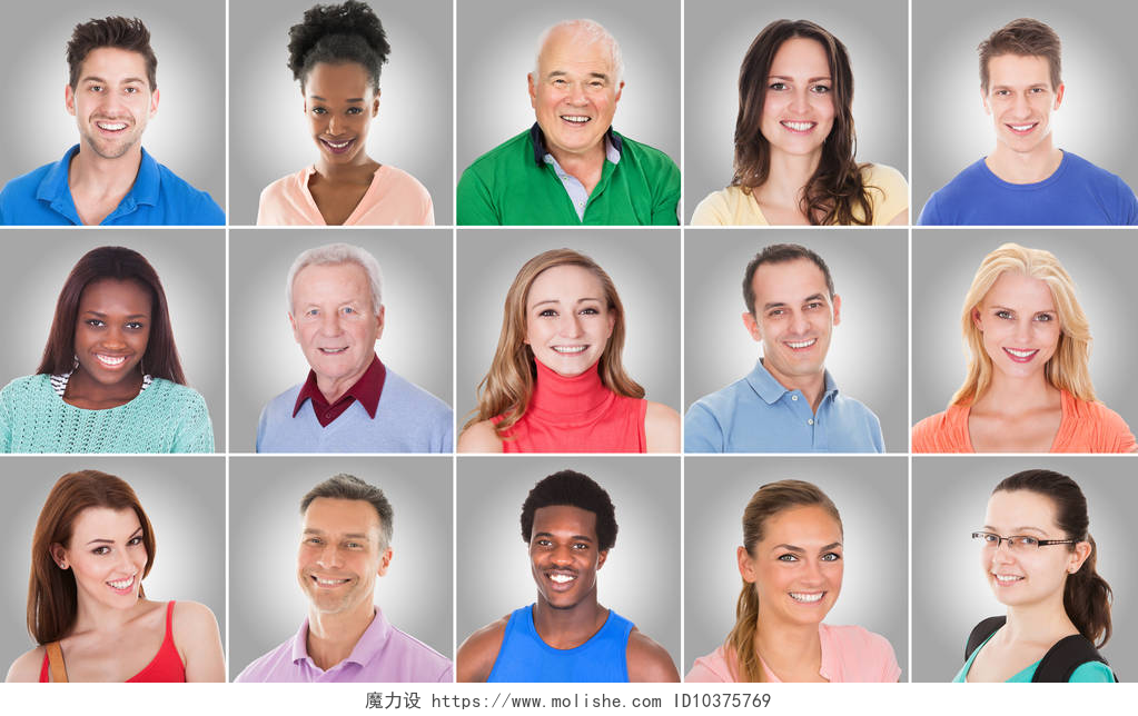 不同族裔微笑人群的拼贴照片灰色背景下不同族裔微笑休闲人群的拼贴画
